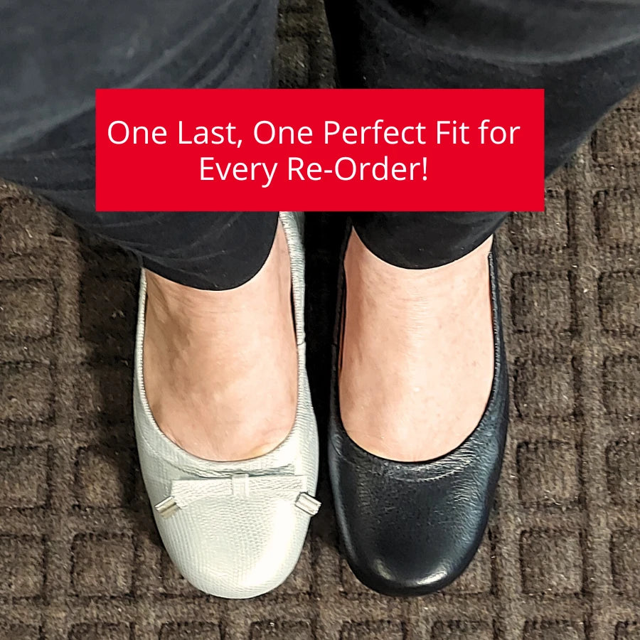 Martha wearing two different oh!pedics ballet flats, showcasing consistent sizing across all styles and ensuring the perfect fit for every re-order.