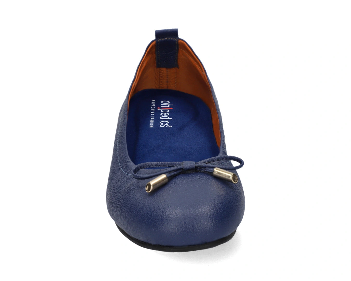 Front view of navy full-grain leather ballet flats with a semi-round toe and BLUE ComfortFlex orthotic for feet without problems and 24k-gold-plated-bows.
