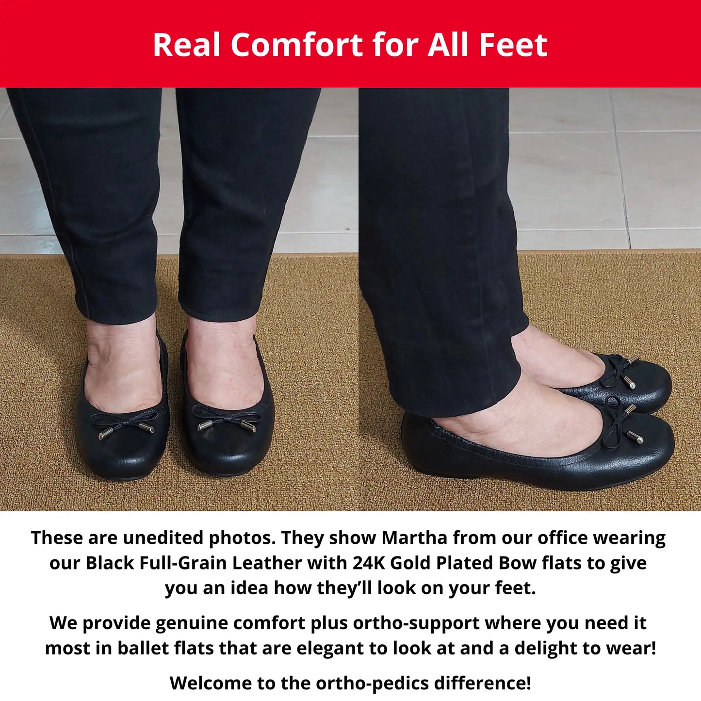 Martha from our office wearing Black Full-Grain Leather with 24K Gold Plated Bow leather orthopedic ballet flats, showing a front and side view. The image also includes descriptive text highlighting the genuine comfort, ortho-support, and elegant style of these flats.