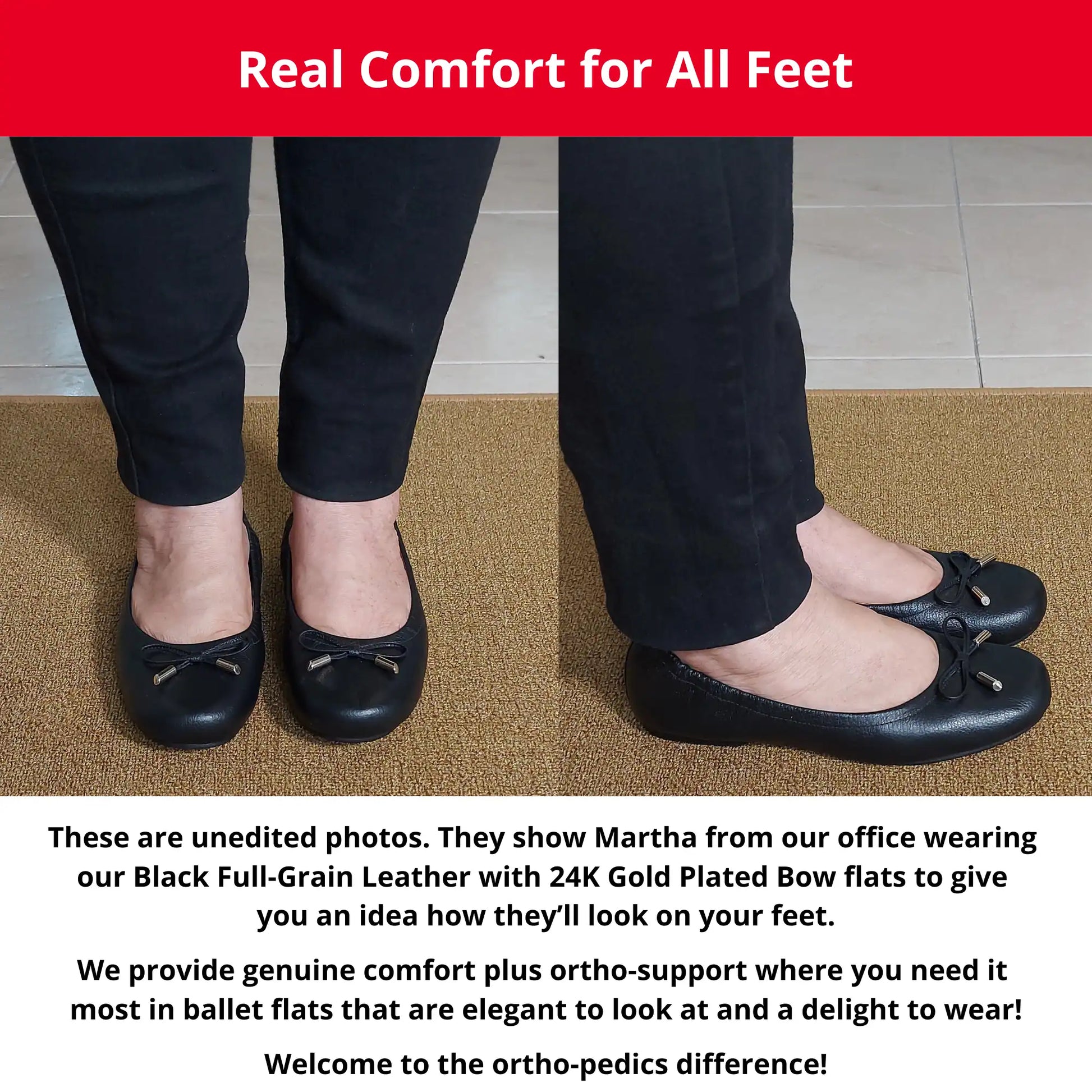 Martha from our office wearing Black Full-Grain Leather with 24K Gold Plated Bow leather orthopedic ballet flats, showing a front and side view. The image also includes descriptive text highlighting the genuine comfort, ortho-support, and elegant style of these flats.