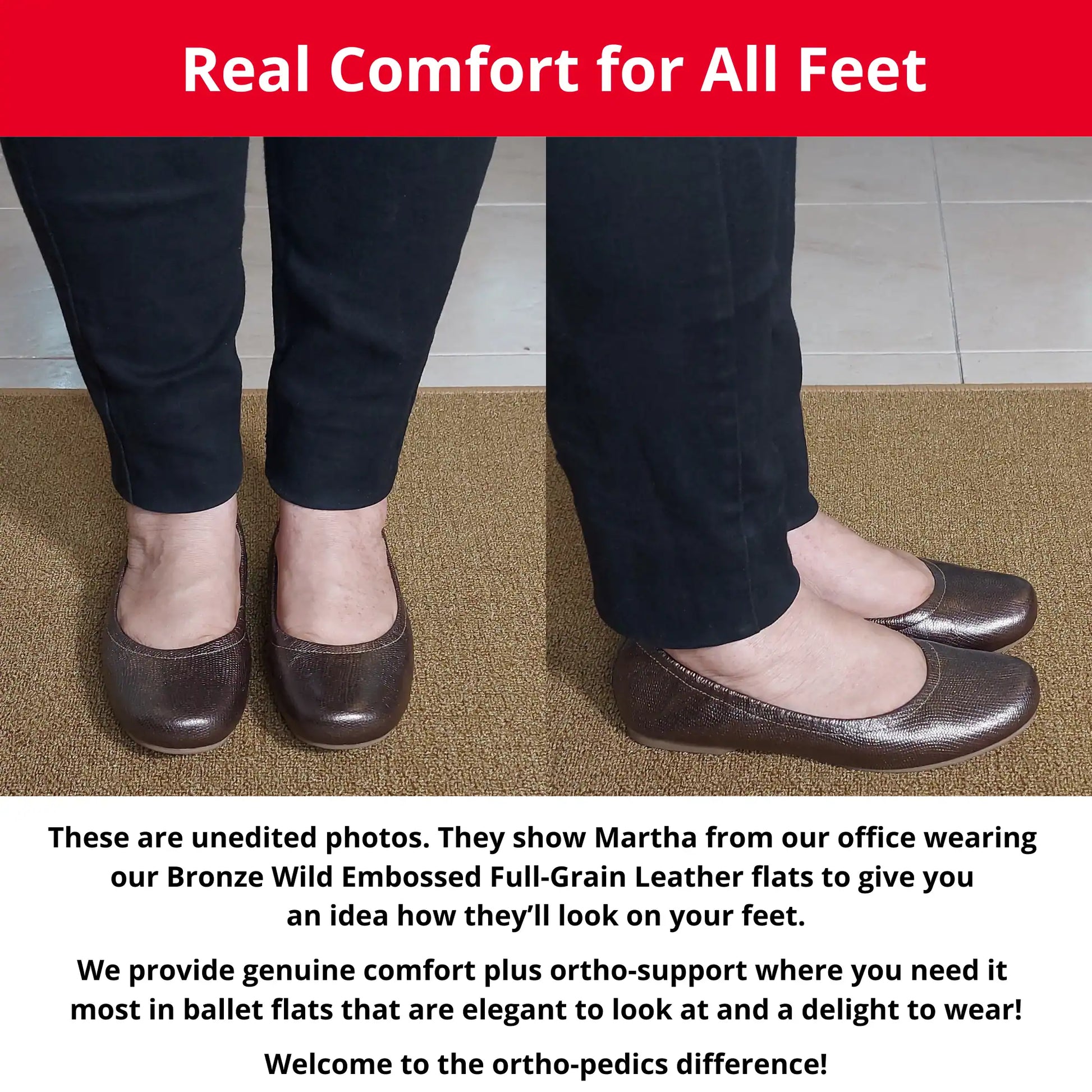 Martha from our office wearing Bronze Wild Embossed Full-Grain Leather orthopedic ballet flats, showing a front and side view. The image also includes descriptive text highlighting the genuine comfort, ortho-support, and elegant style of these flats.