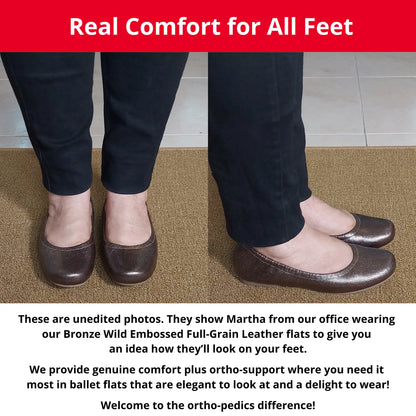 Martha from our office wearing Bronze Wild Embossed Full-Grain Leather orthopedic ballet flats, showing a front and side view. The image also includes descriptive text highlighting the genuine comfort, ortho-support, and elegant style of these flats.
