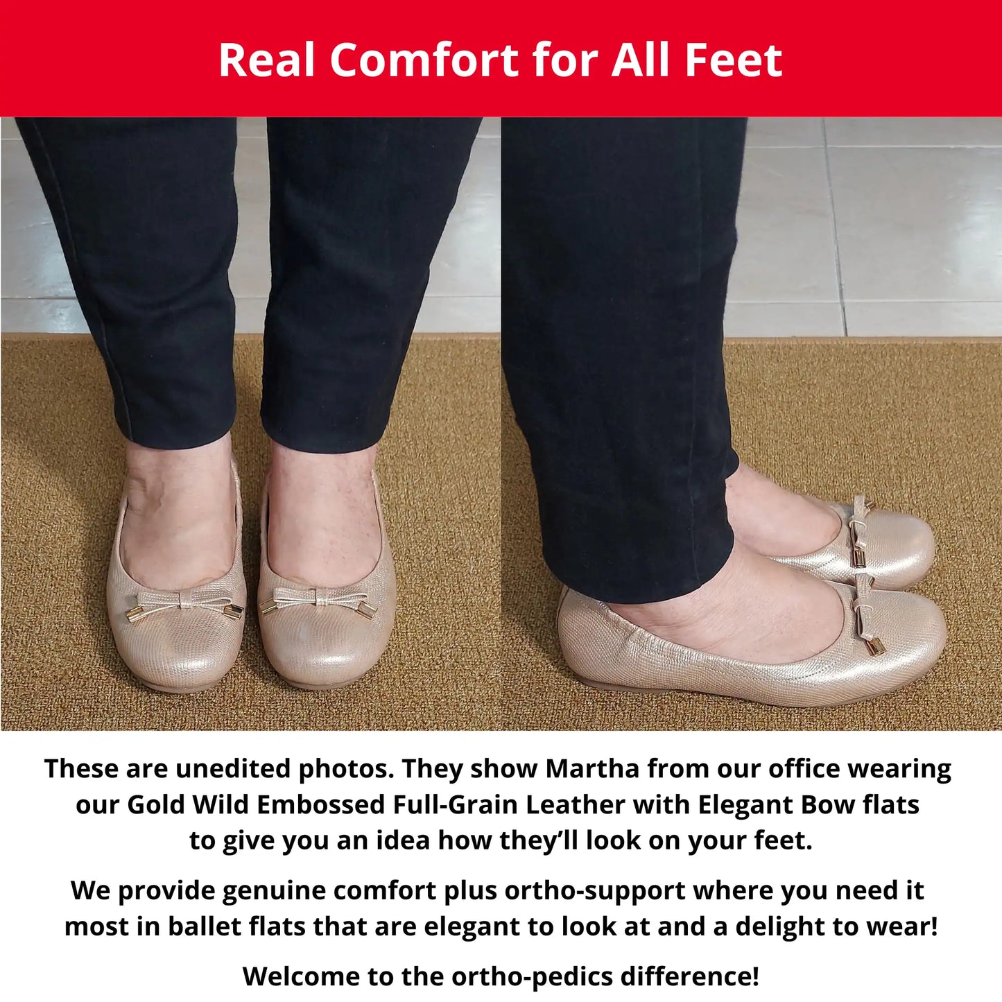 Martha from our office wearing Gold Wild Embossed Full-Grain Leather with Elegant Bow orthopedic ballet flats, showing a front and side view. The image also includes descriptive text highlighting the genuine comfort, ortho-support, and elegant style of these flats.