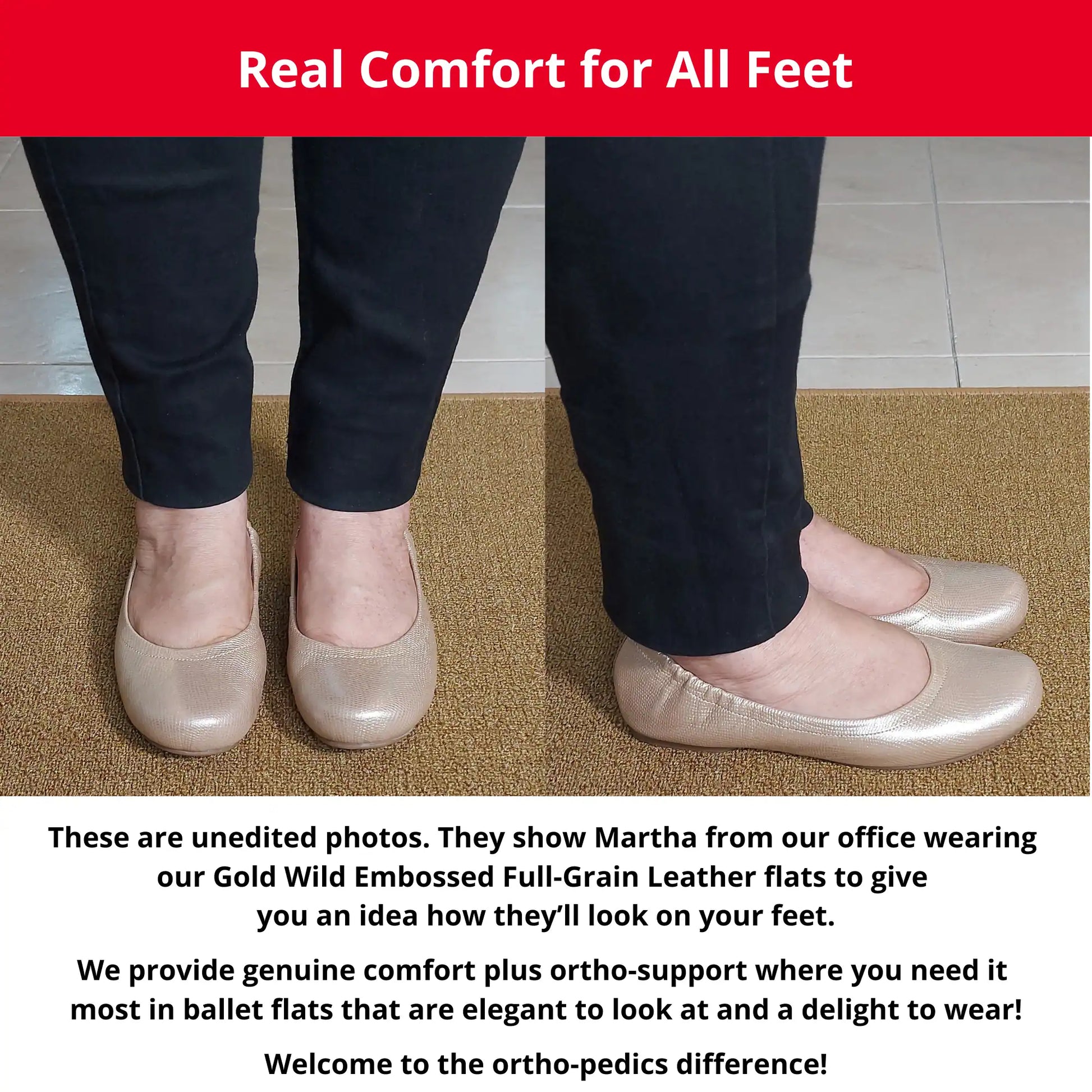 Martha from our office wearing Gold Wild Embossed Full-Grain Leather orthopedic ballet flats, showing a front and side view. The image also includes descriptive text highlighting the genuine comfort, ortho-support, and elegant style of these flats.