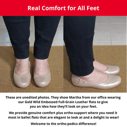 Martha from our office wearing Gold Wild Embossed Full-Grain Leather orthopedic ballet flats, showing a front and side view. The image also includes descriptive text highlighting the genuine comfort, ortho-support, and elegant style of these flats.