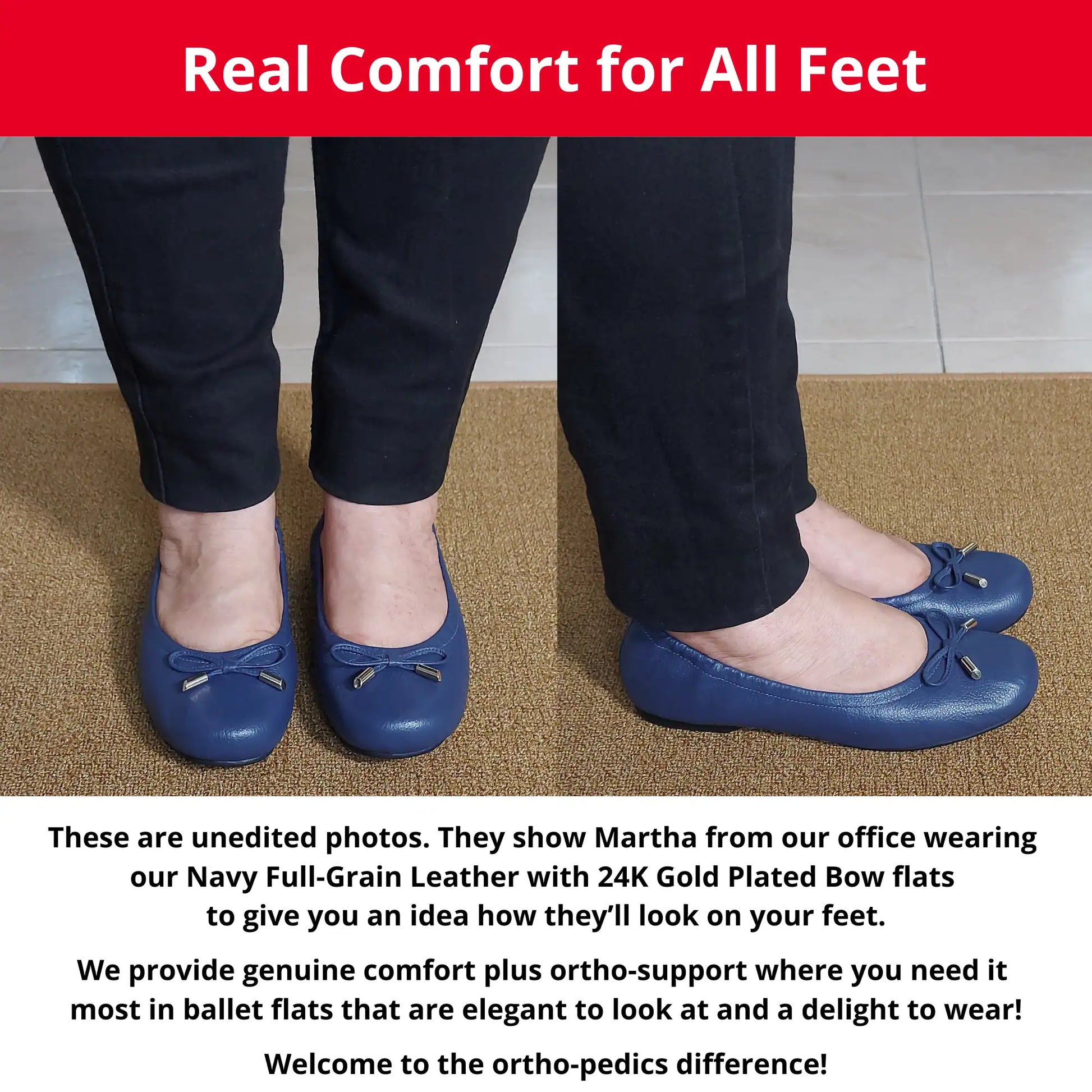 Martha from our office wearing Navy Full-Grain Leather with 24K Gold Plated Bow leather orthopedic ballet flats, showing a front and side view. The image also includes descriptive text highlighting the genuine comfort, ortho-support, and elegant style of these flats.
