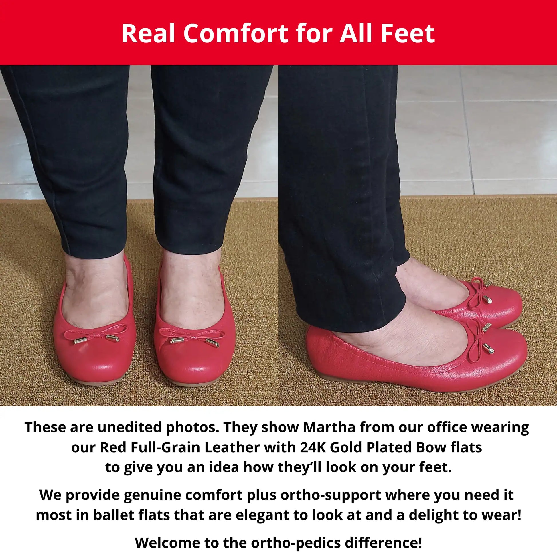 Martha from our office wearing Red Full-Grain Leather with 24K Gold Plated Bow leather orthopedic ballet flats, showing a front and side view. The image also includes descriptive text highlighting the genuine comfort, ortho-support, and elegant style of these flats.
