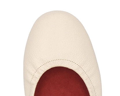 Close-up of the full grain leather on Beige Ballet Flats with removable RED ArchSupport orthotic for flat feet, calcaneal spurs, and plantar fasciitis.