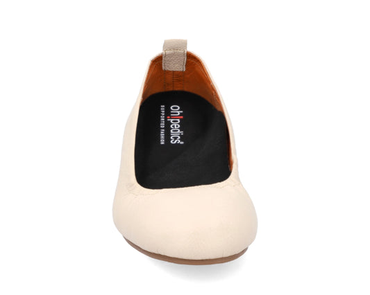 Front view of Beige Full Grain Leather Ballet Flats with a semi-round toe and BLACK FlexiComfort orthotic for flat feet.