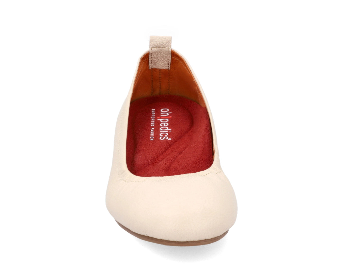 Front view of Beige Full Grain Leather Ballet Flats with a semi-round toe and RED Arch Support orthotic for flat feet, calcaneal spurs, and plantar fasciitis.
