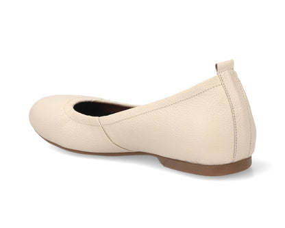 Three-quarter back view of Beige Full Grain Leather Ballet Flats with a semi-round toe.