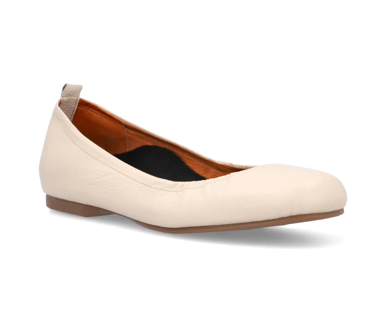 Three-quarter front view of Beige Full Grain Leather Ballet Flats with a semi-round toe and removable BLACK FlexiComfort orthotic for flat 