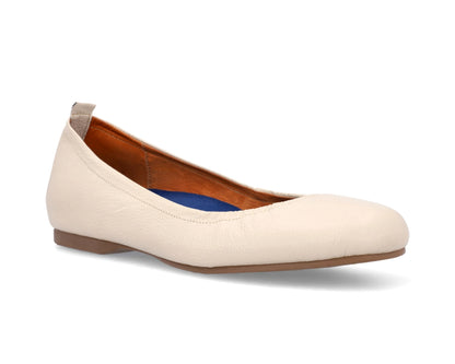 Three-quarter front view of Beige Full Grain Leather Ballet Flats with a semi-round toe and removable BLUE ComfortFlex orthotic for feet without problems.
