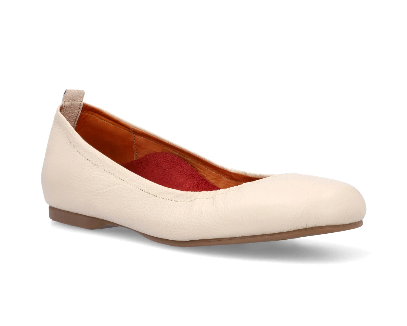 Three-quarter front view of Beige Full Grain Leather Ballet Flats with a semi-round toe and removable RED ArchSupport orthotic for flat feet, calcaneal spurs, and plantar fasciitis.