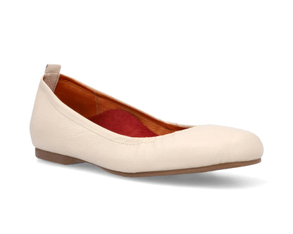 Three-quarter front view of Beige Full Grain Leather Ballet Flats with a semi-round toe and removable RED ArchSupport orthotic for flat feet, calcaneal spurs, and plantar fasciitis.