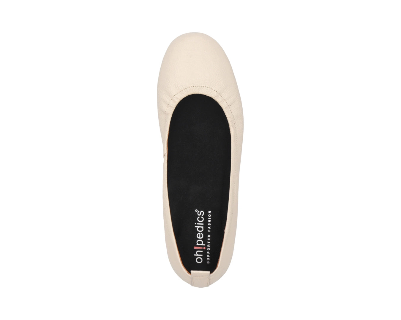 Top view of Beige Full Grain Leather Ballet Flats with a semi-round toe and removable BLACK FlexiComfort orthotic for flat feet.