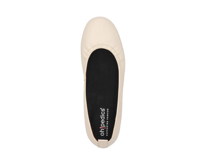 Top view of Beige Full Grain Leather Ballet Flats with a semi-round toe and removable BLACK FlexiComfort orthotic for flat feet.