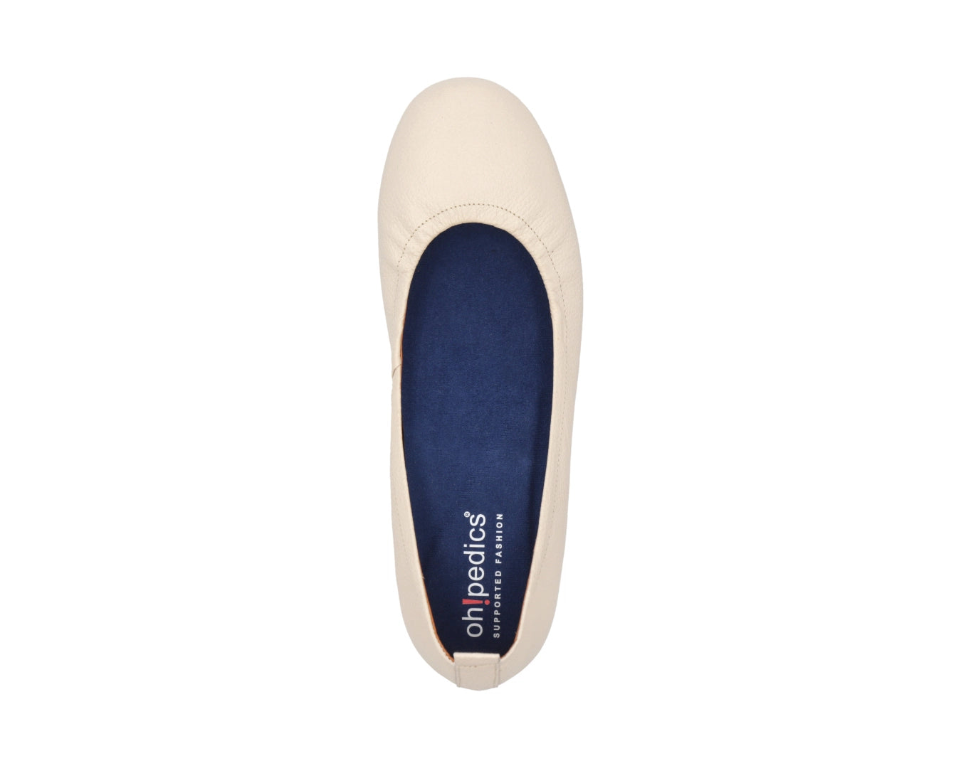 Top view of Beige Full Grain Leather Ballet Flats with a semi-round toe and BLUE ComfortFlex orthotic for feet without problems.