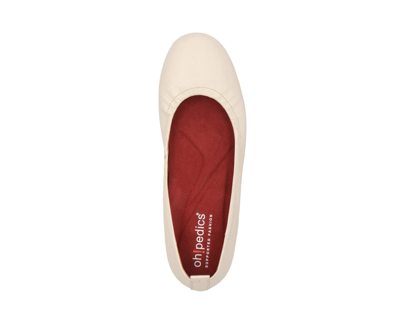 Top view of Beige Full Grain Leather Ballet Flats with a semi-round toe and RED ArchSupport orthotic for flat feet, calcaneal spurs, and plantar fasciitis.