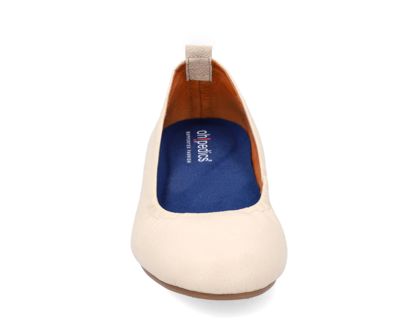 Front view of Beige Full-Grain Leather Ballet Flats with a semi-round toe and BLUE ComfortFlex orthotic for feet without problems.