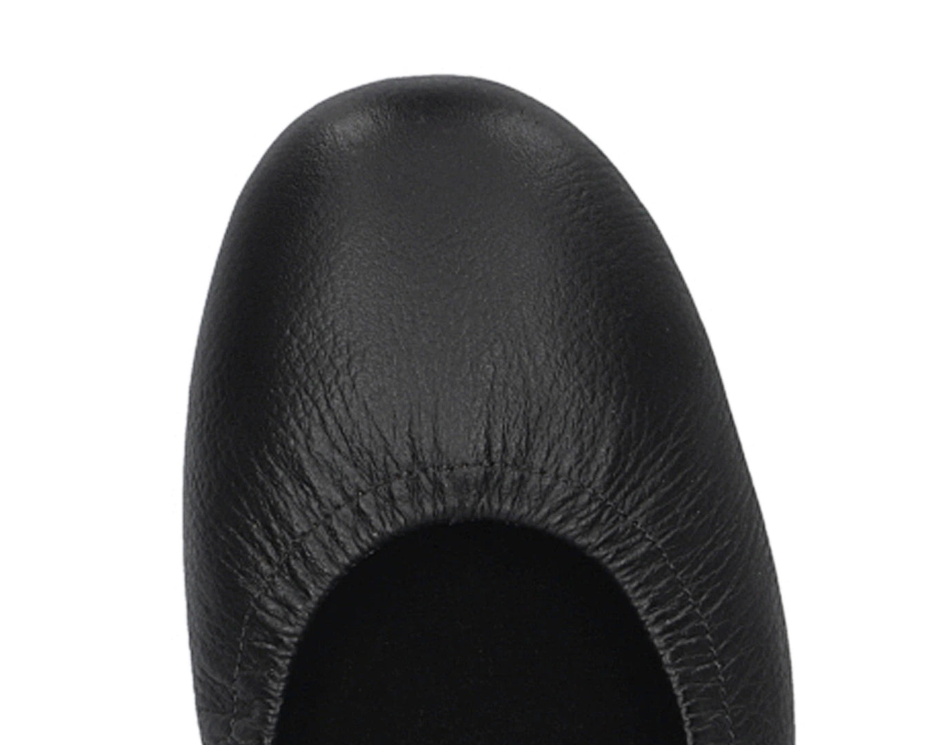 Close-up of the full-grain leather on Black Ballet Flats with removable BLACK FlexiComfort orthotic for flat feet.