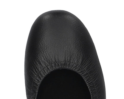 Close-up of the full-grain leather on Black Ballet Flats with removable BLACK FlexiComfort orthotic for flat feet.