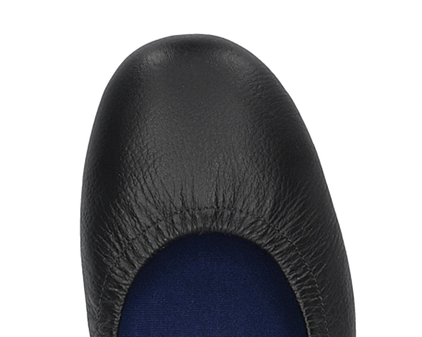 Close-up of full-grain leather on Black Ballet Flats with removable BLUE ComfortFlex orthotic for feet without problems.