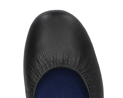 Close-up of full-grain leather on Black Ballet Flats with removable BLUE ComfortFlex orthotic for feet without problems.