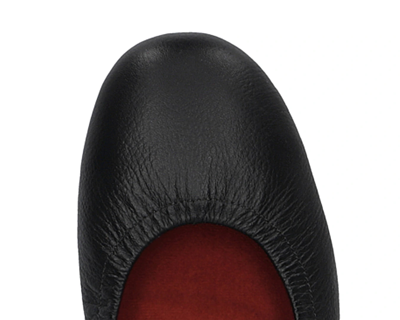 Close-up of the full-grain leather on Black Ballet Flats with removable RED ArchSupport orthotic for flat feet, calcaneal spurs, and plantar fasciitis.