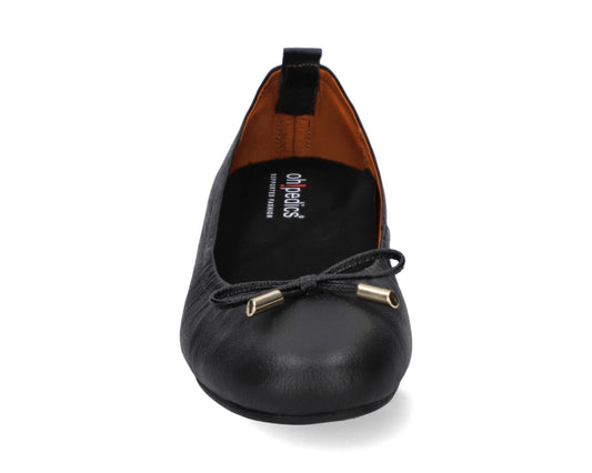 Front view of Black Full-Grain Leather Ballet Flats with a semi-round toe and BLACK FlexiComfort orthotic for flat feet and 24k-gold-plated-bows.
