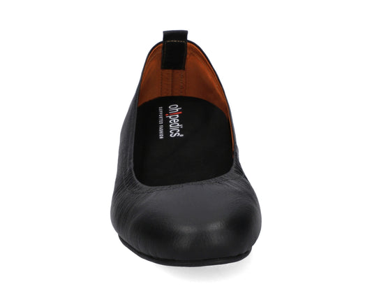 Front view of Black Full-Grain Leather Ballet Flats with a semi-round toe and BLACK FlexiComfort orthotic for flat feet.