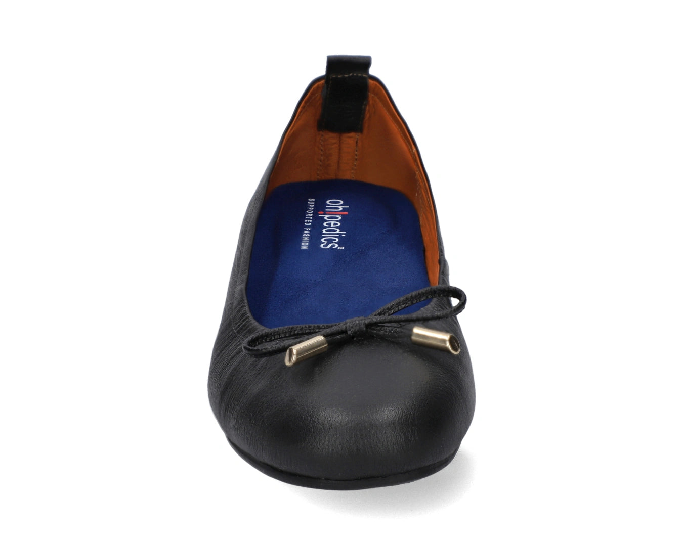 Front view of Black full-grain leather ballet flats with a semi-round toe and BLUE ComfortFlex orthotic for feet without problems and 24k-gold-plated-bows.