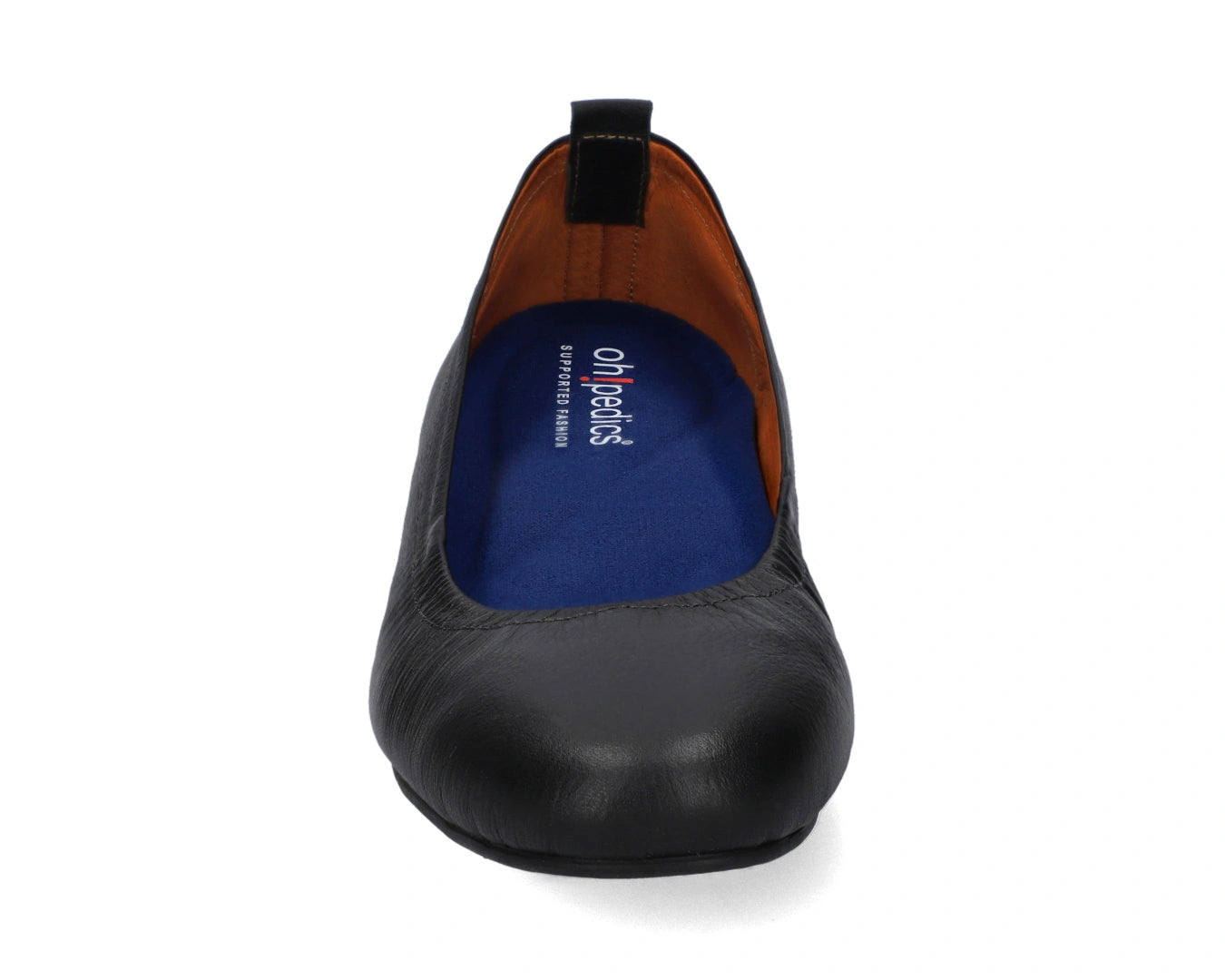 Front view of Black Full-Grain Leather Ballet Flats with a semi-round toe and BLUE ComfortFlex orthotic for feet without problems.