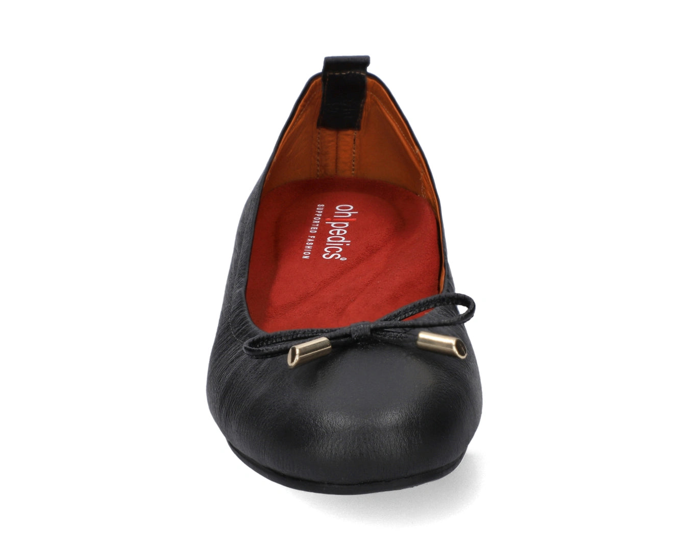 Front view of Black full-grain leather ballet flats with a semi-round toe and RED Arch Support orthotic for flat feet, calcaneal spurs, and plantar fasciitis and 24k-gold-plated-bows.