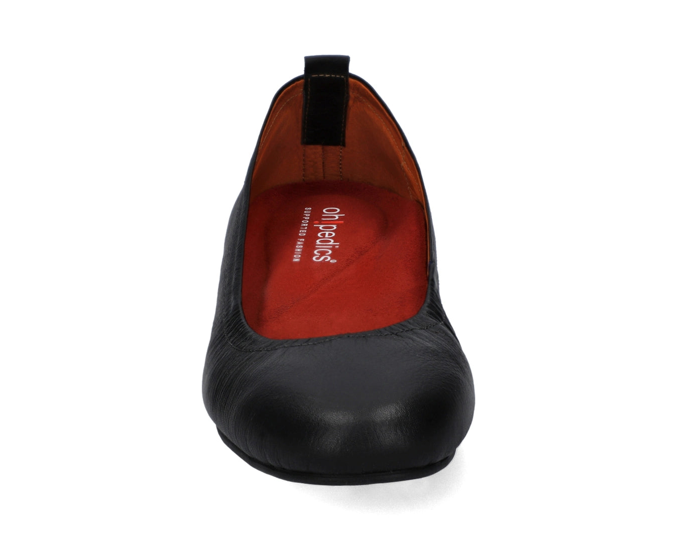 Front view of Black Full-Grain Leather Ballet Flats with a semi-round toe and RED Arch Support orthotic for flat feet, calcaneal spurs, and plantar fasciitis.