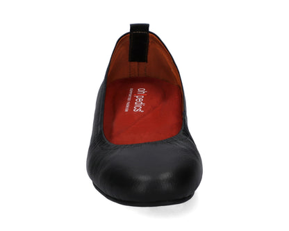 Front view of Black Full-Grain Leather Ballet Flats with a semi-round toe and RED Arch Support orthotic for flat feet, calcaneal spurs, and plantar fasciitis.