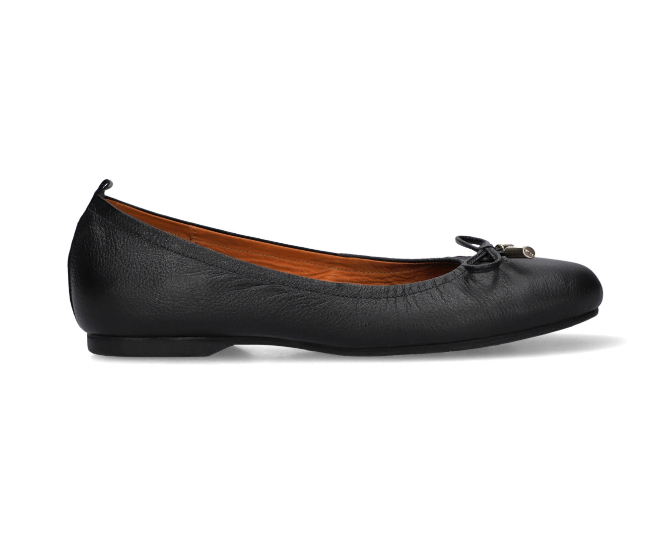 Side view of Black full-grain leather ballet flats showcasing a semi-round toe and 24k-gold-plated-bows.
