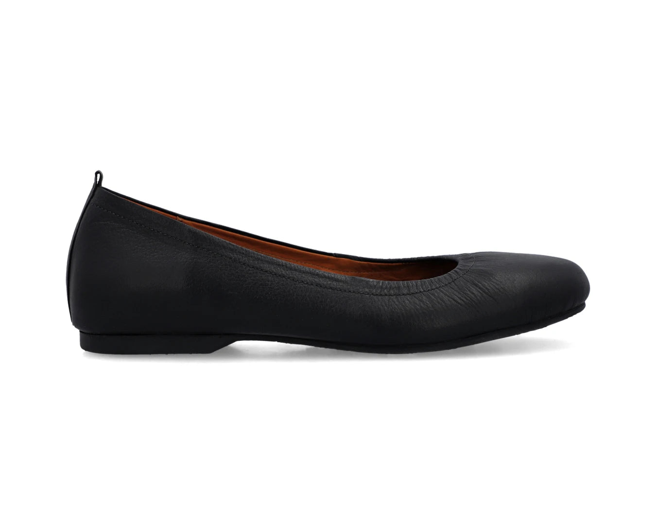 Side view of Black Full-Grain Leather Ballet Flats showcasing a semi-round toe.