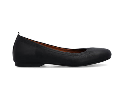 Side view of Black Full-Grain Leather Ballet Flats showcasing a semi-round toe.