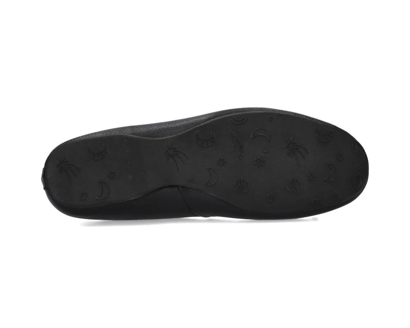 Sole view of Black full-grain leather ballet flats showing the one-piece rubber sole.