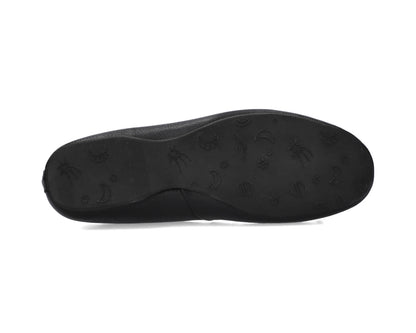 Sole view of Black full-grain leather ballet flats showing the one-piece rubber sole.