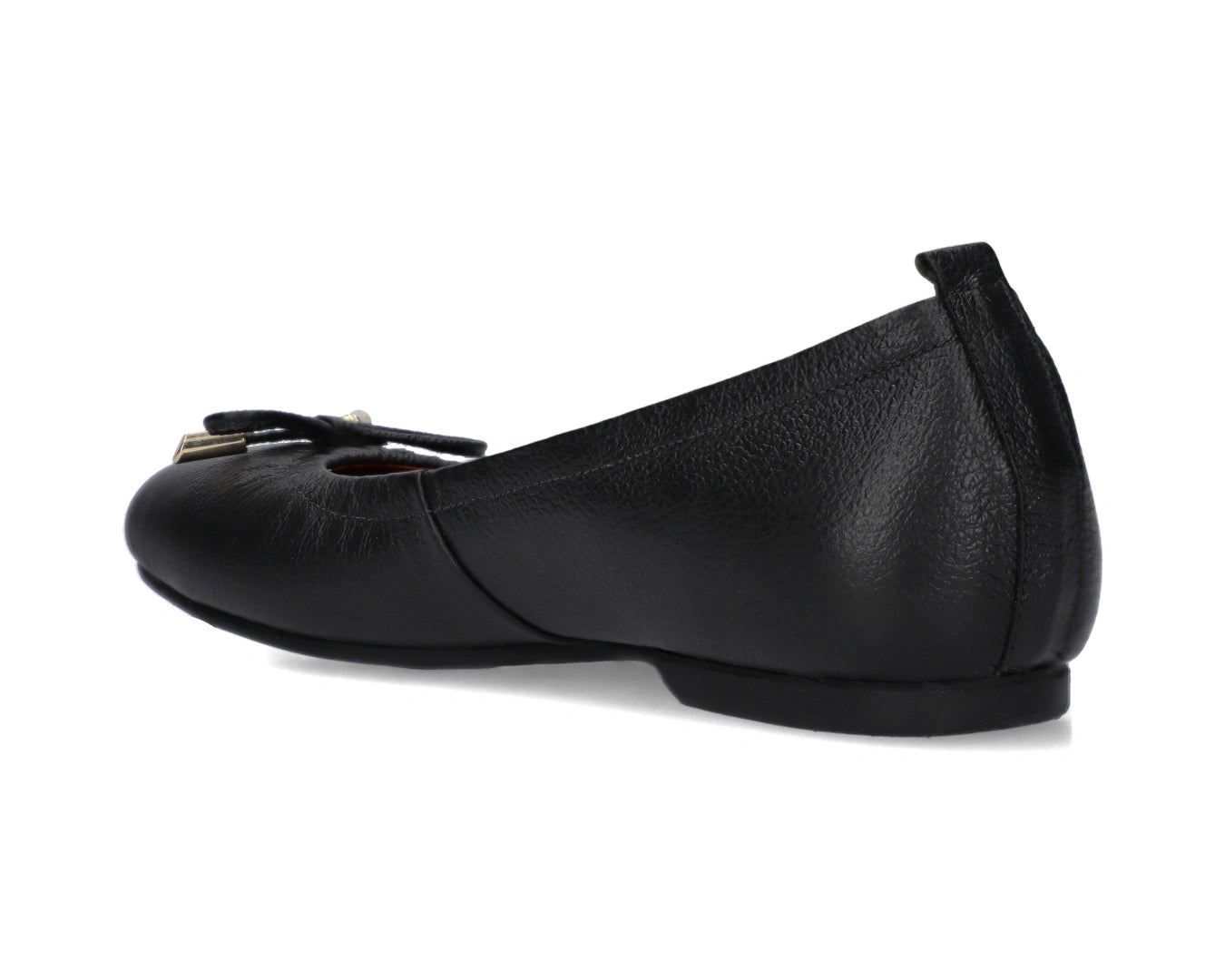 Three-quarter back view of Black full-grain leather ballet flats with a semi-round toe and 24k-gold-plated-bows.
