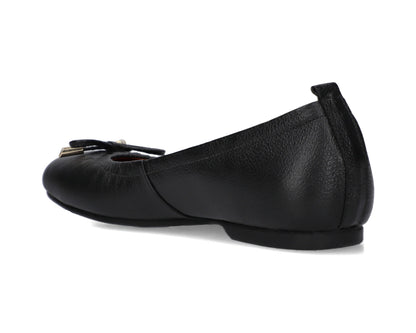 Three-quarter back view of Black full-grain leather ballet flats with a semi-round toe and 24k-gold-plated-bows.