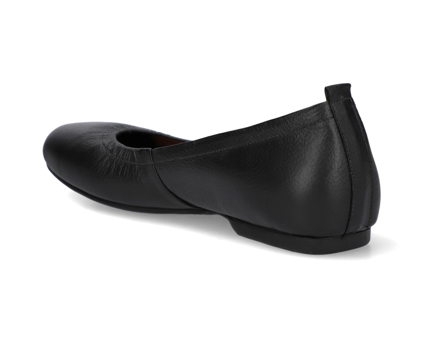 Three-quarter back view of Black Full-Grain Leather Ballet Flats with a semi-round toe.