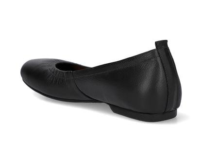 Three-quarter back view of Black Full-Grain Leather Ballet Flats with a semi-round toe.