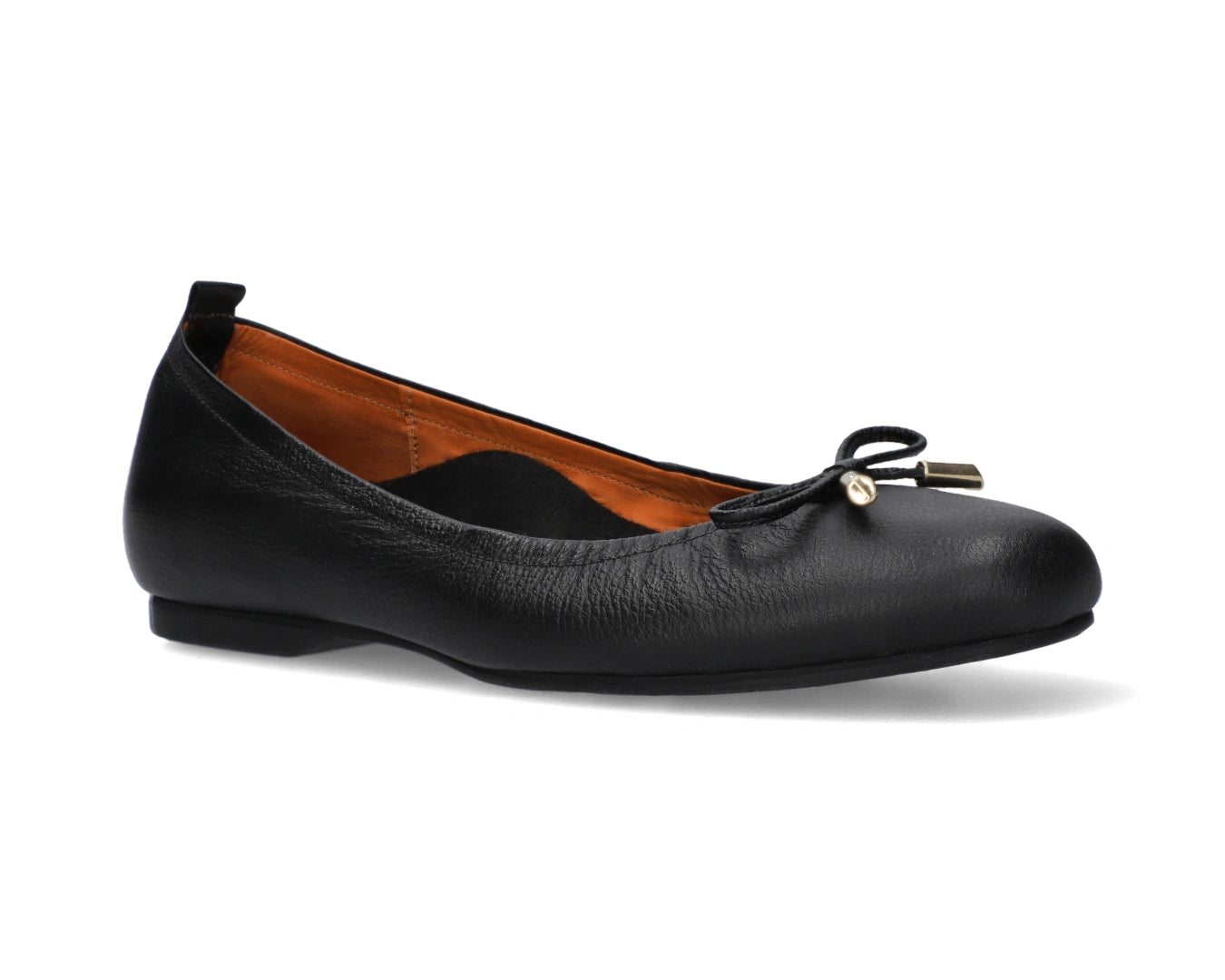 Three-quarter front view of Black full-grain leather ballet flats with a semi-round toe and removable BLACK FlexiComfort orthotic for flat feet and 24k-gold-plated-bows.