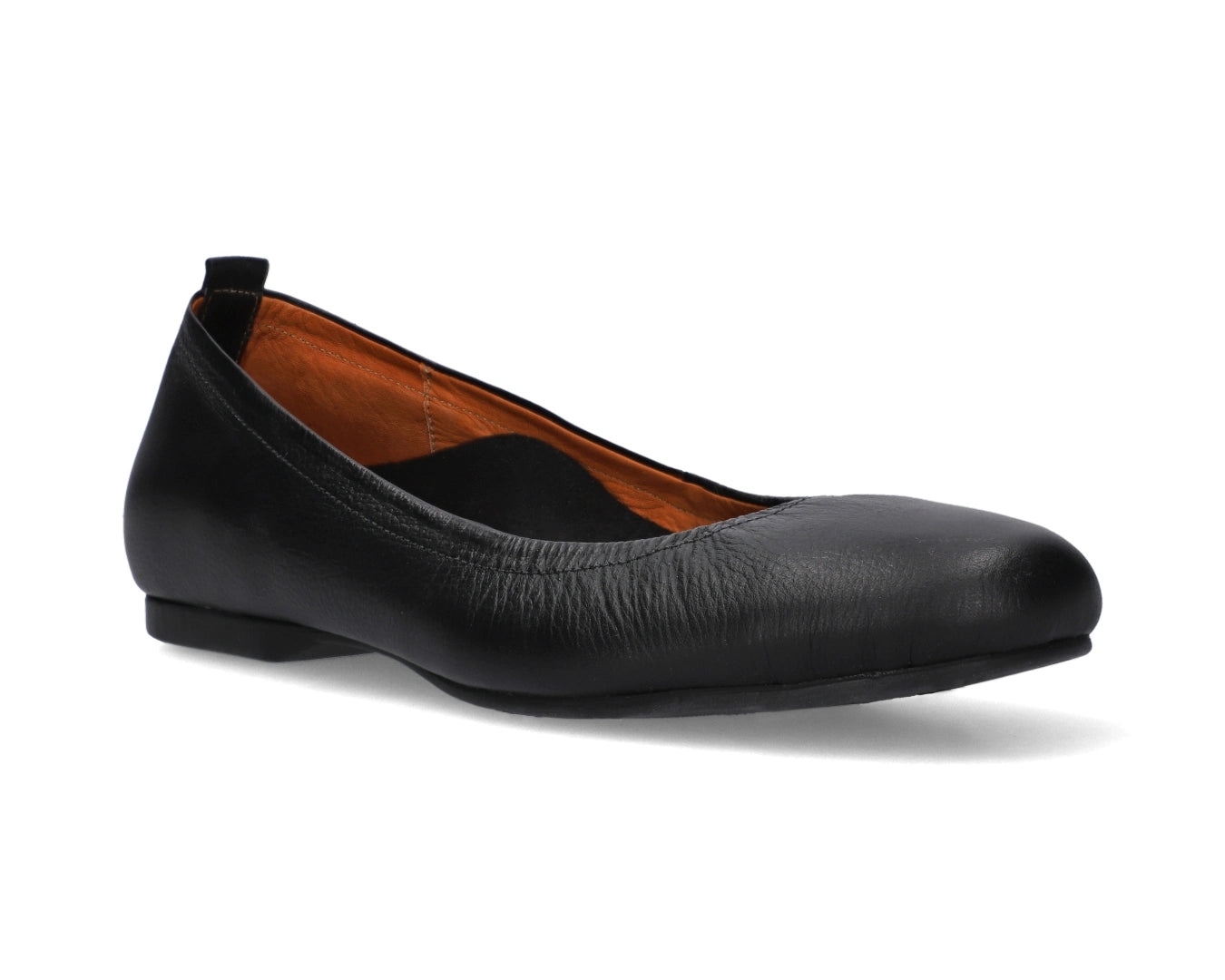 Three-quarter front view of Black Full-Grain Leather-Ballet Flats with a semi-round toe and removable BLACK FlexiComfort orthotic for flat feet.