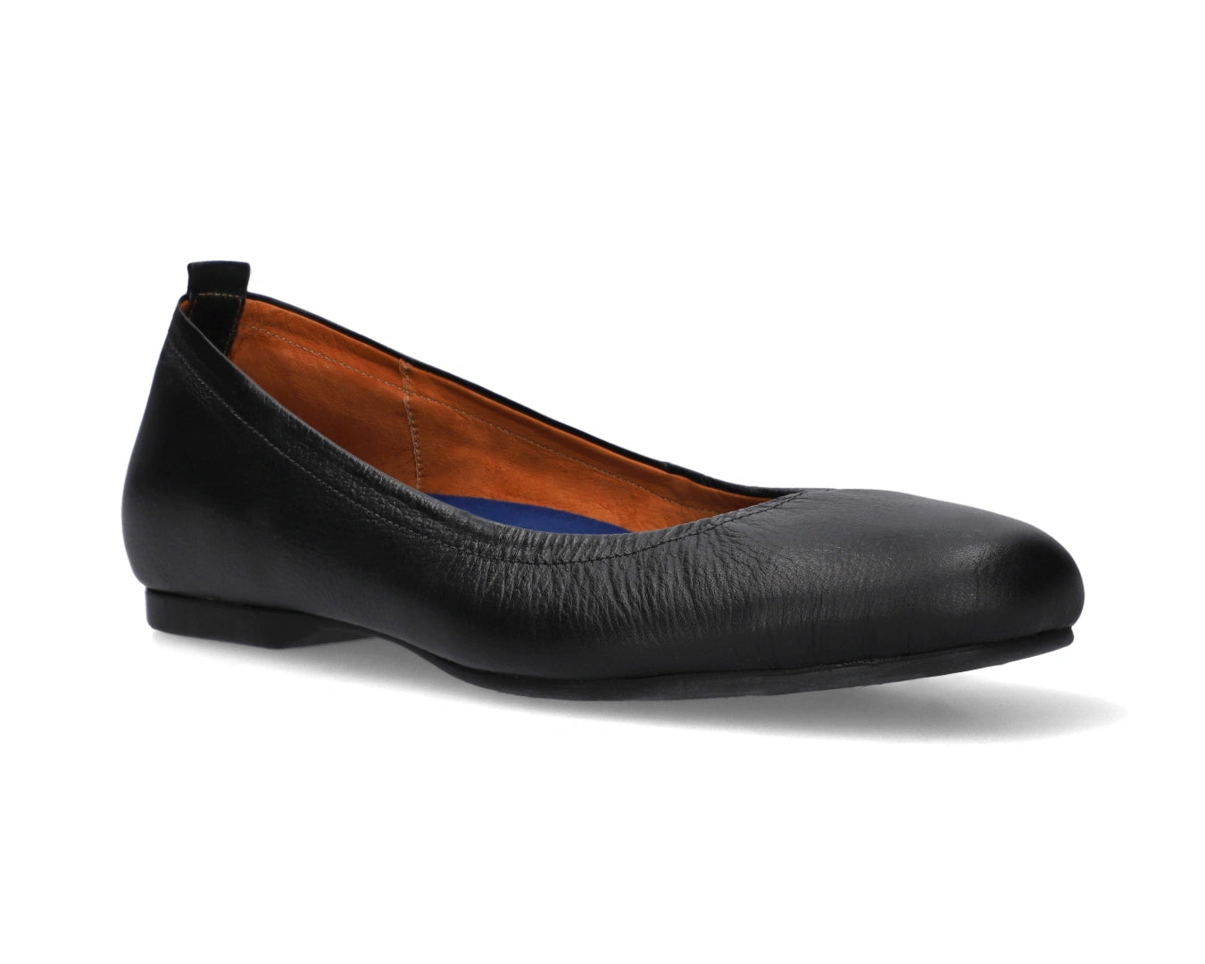 Three-quarter front view of Black Full-Grain Leather Ballet Flats with a semi-round toe and removable BLUE ComfortFlex orthotic for feet without problems.