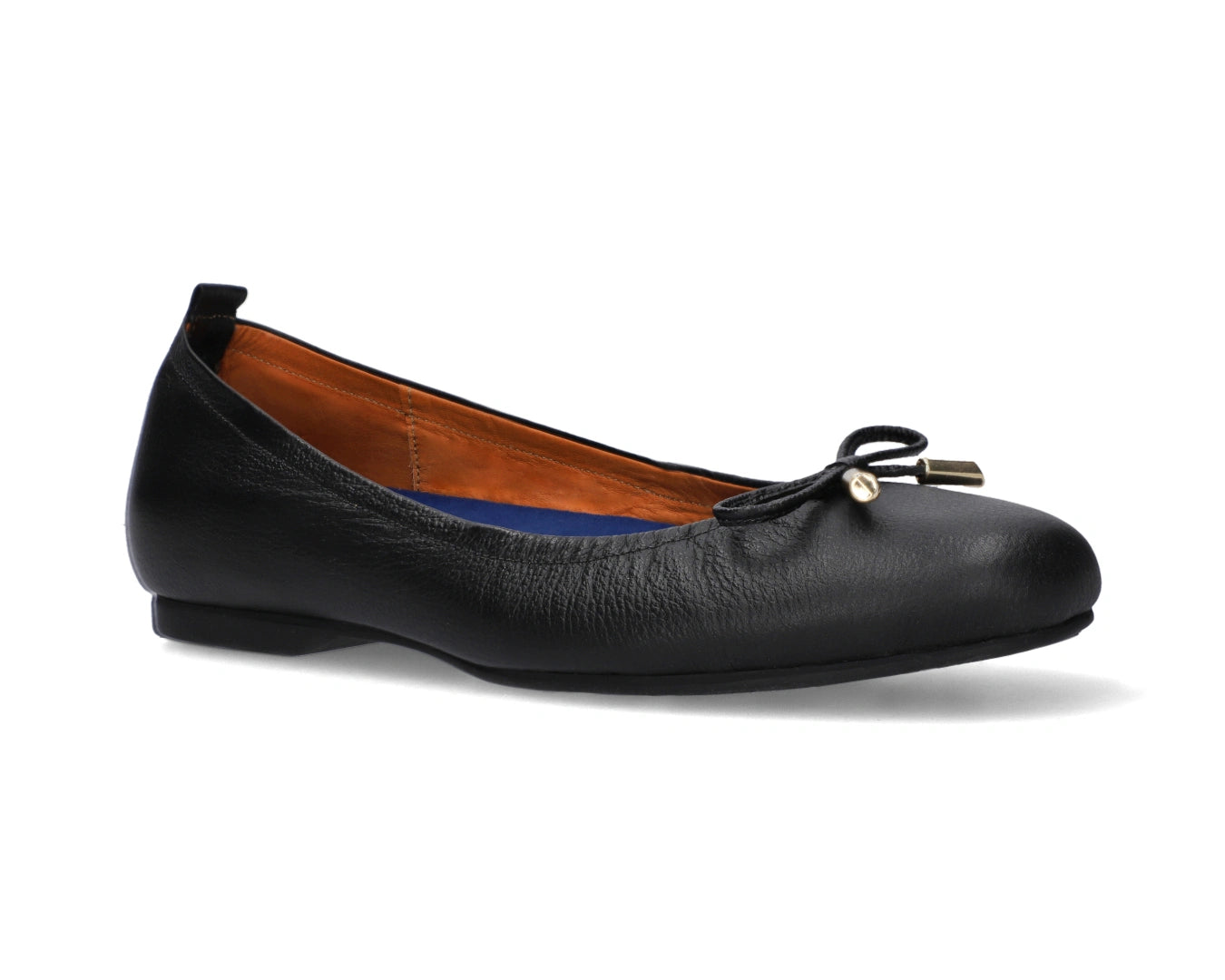 Three-quarter front view of Black full-grain leather ballet flats with a semi-round toe and removable BLUE ComfortFlex orthotic for feet without problems and 24k-gold-plated-bows.