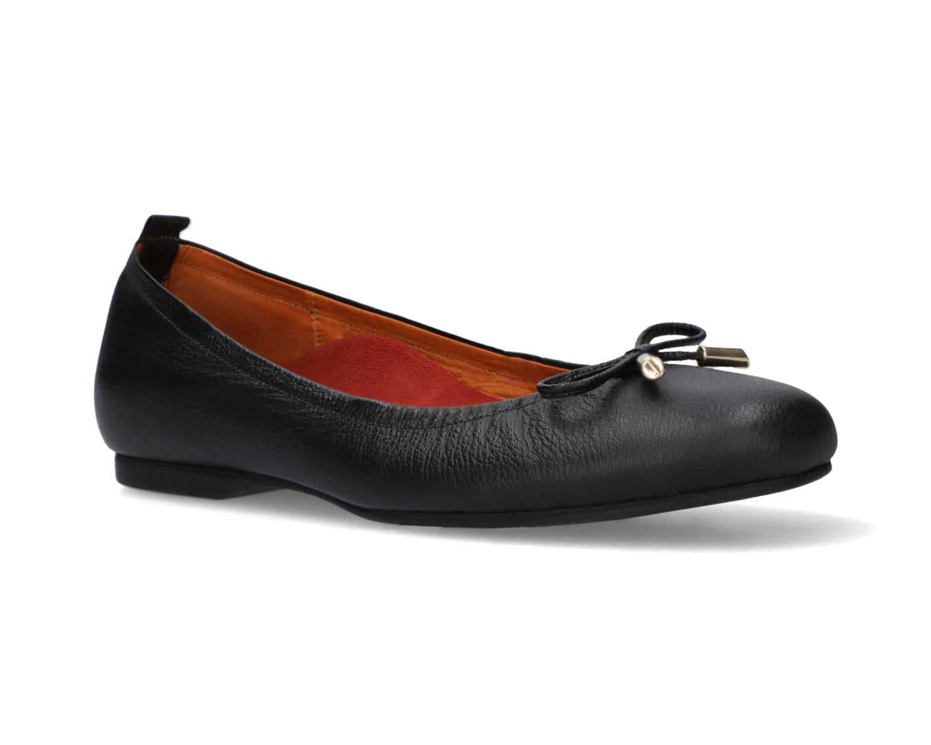 Three-quarter front view of Black full-grain leather ballet flats with a semi-round toe and removable RED ArchSupport orthotic for flat feet, calcaneal spurs, and plantar fasciitis and 24k-gold-plated-bows.